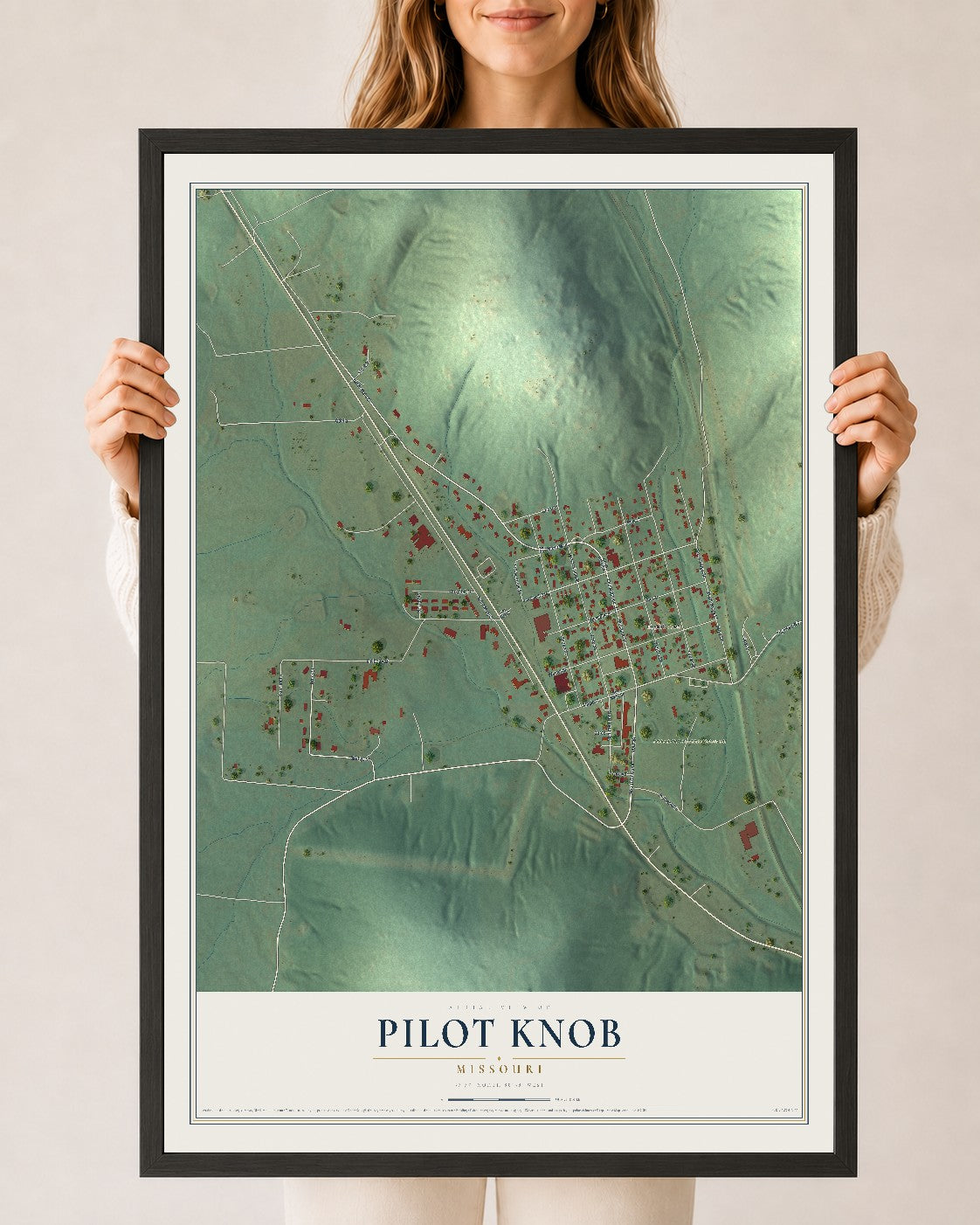 Map of Pilot Knob, Missouri, 24 x 36 inch print in a black wood frame