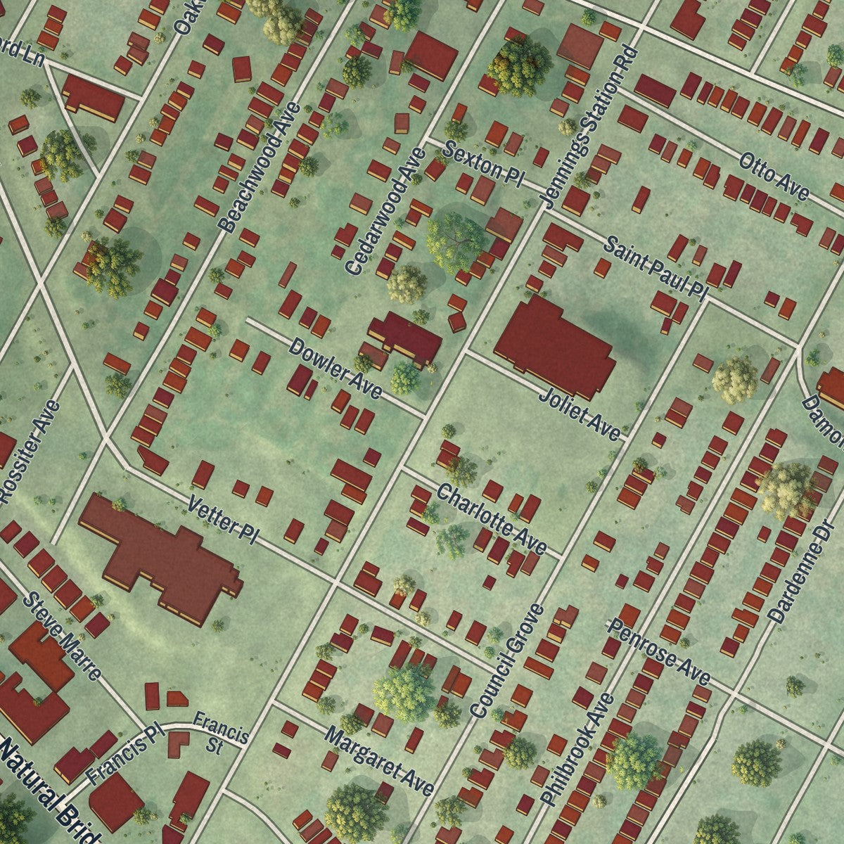 Close-up of the map of Pine Lawn, Missouri print showing street and building detail