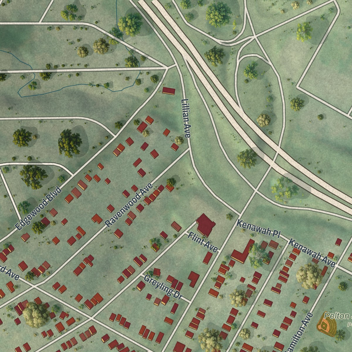Second close-up of the map of Pine Lawn, Missouri print showing more streets and buildings
