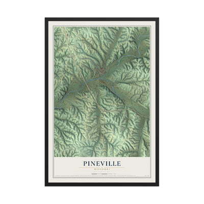 Map of Pineville, Missouri, 12 x 18 inch print in a black wood frame