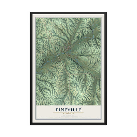 Map of Pineville, Missouri, 12 x 18 inch print in a black wood frame
