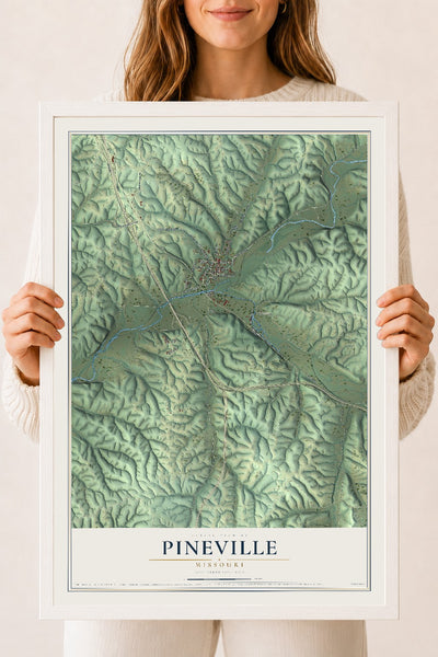 Map of Pineville, Missouri, 18 x 24 inch print in a white wood frame