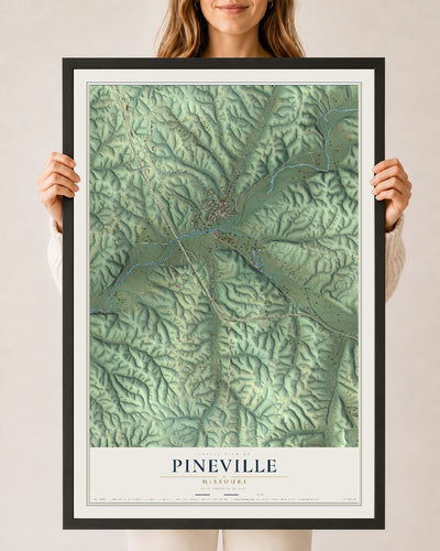 Map of Pineville, Missouri, 24 x 36 inch print in a black wood frame