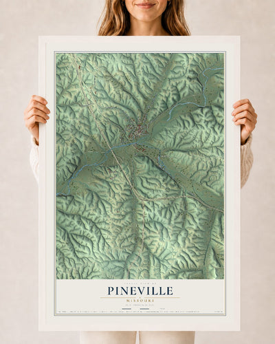 Map of Pineville, Missouri, 24 x 36 inch print in a white wood frame