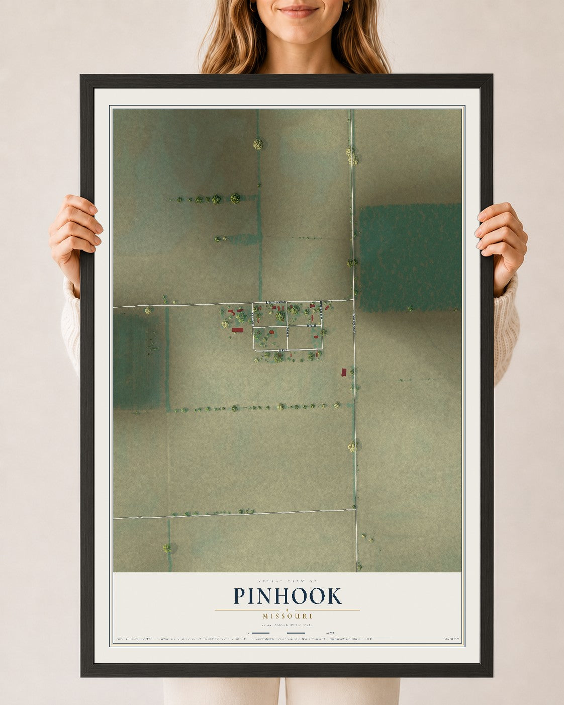 Map of Pinhook, Missouri, 24 x 36 inch print in a black wood frame