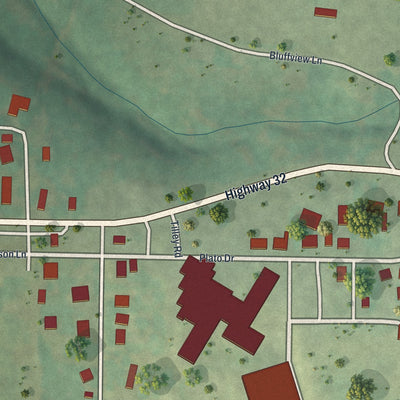 Close-up of the map of Plato, Missouri print showing street and building detail