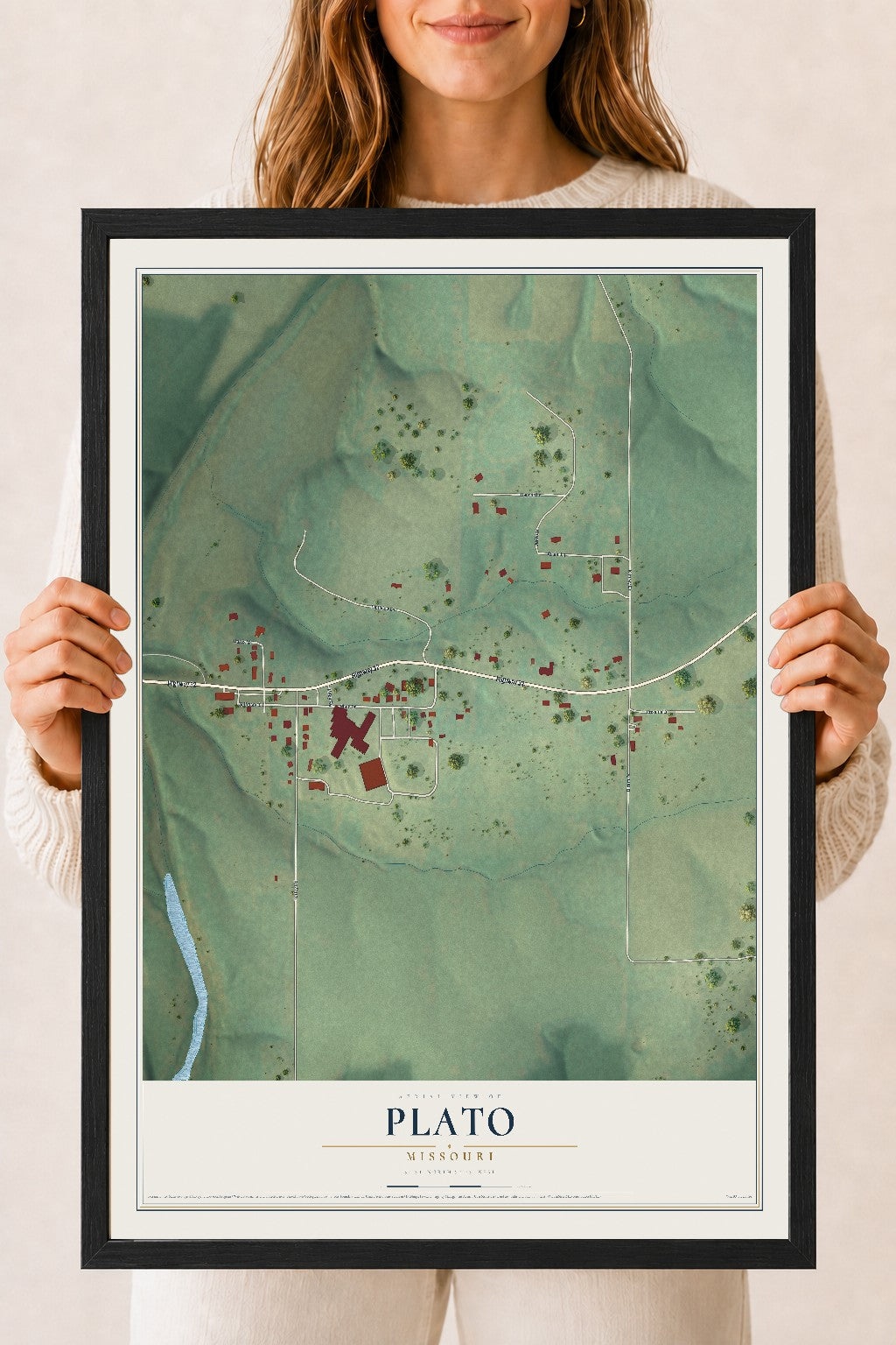 Map of Plato, Missouri, 18 x 24 inch print in a black wood frame