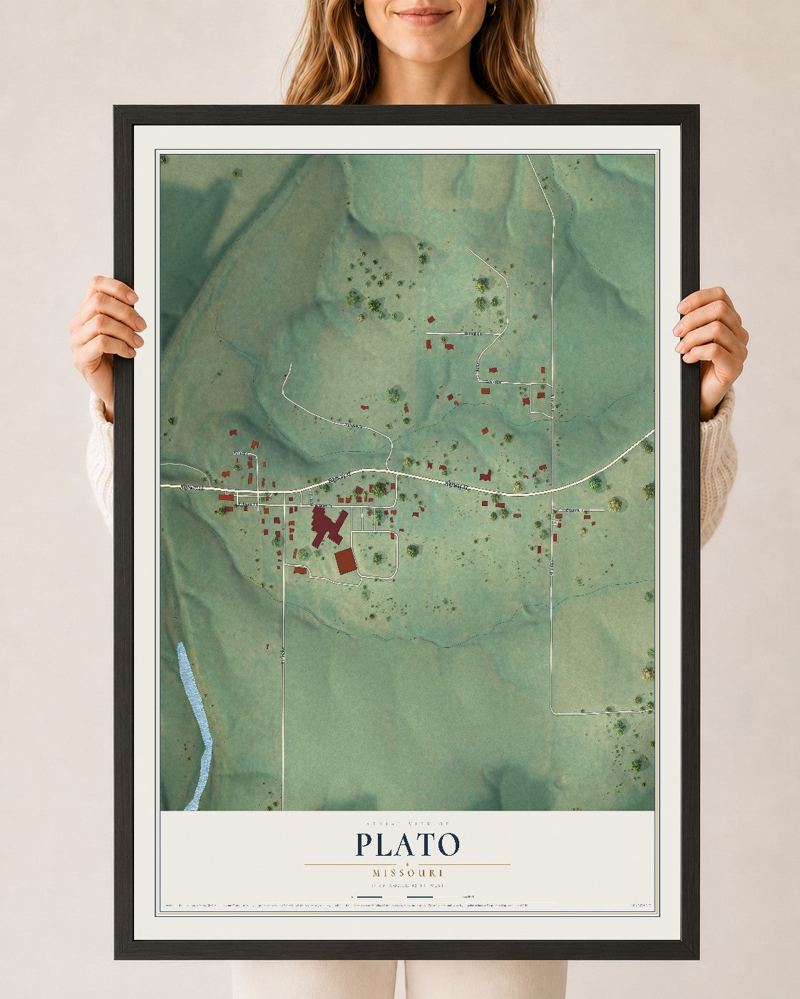 Map of Plato, Missouri, 24 x 36 inch print in a black wood frame