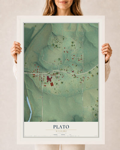 Map of Plato, Missouri, 24 x 36 inch print in a white wood frame