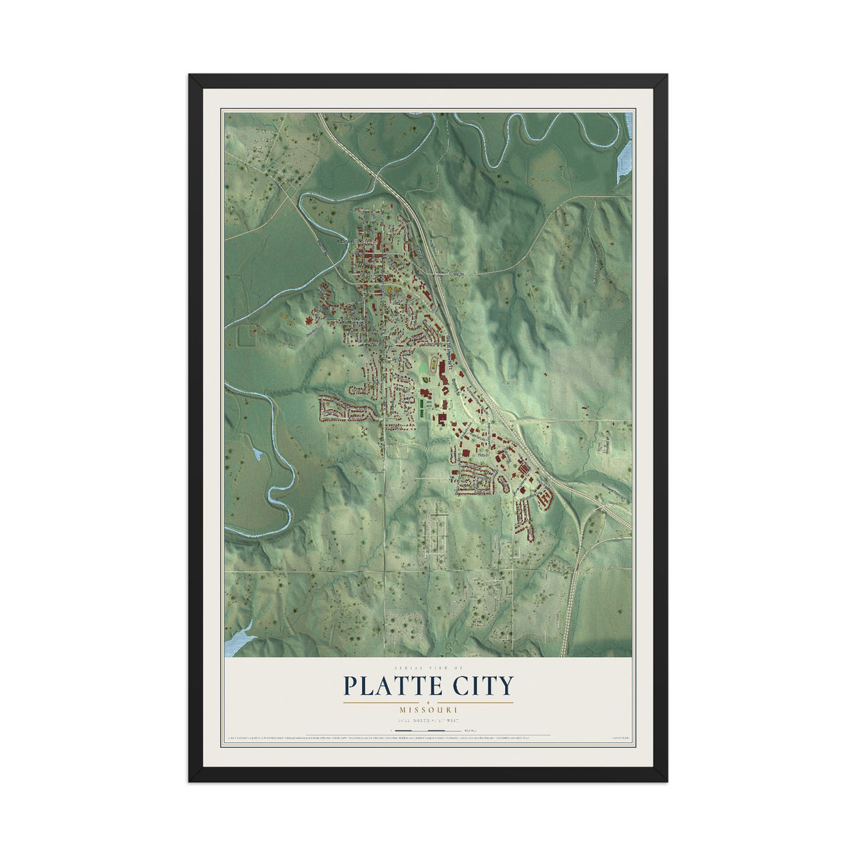 Map of Platte City, Missouri, 12 x 18 inch print in a black wood frame