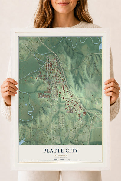 Map of Platte City, Missouri, 18 x 24 inch print in a white wood frame