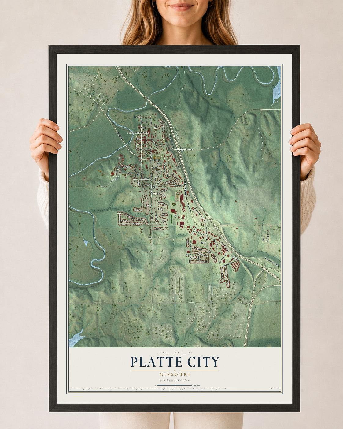 Map of Platte City, Missouri, 24 x 36 inch print in a black wood frame