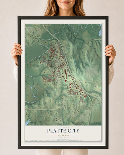 Map of Platte City, Missouri, 24 x 36 inch print in a black wood frame
