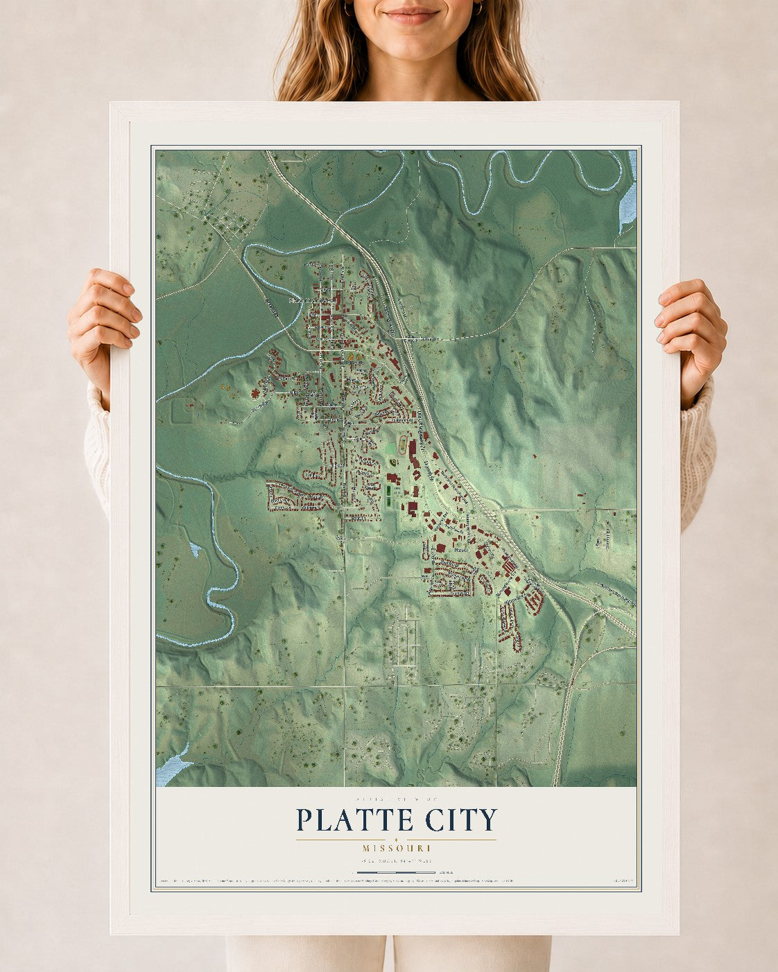 Map of Platte City, Missouri, 24 x 36 inch print in a white wood frame