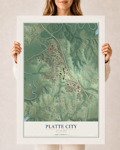 Map of Platte City, Missouri, 24 x 36 inch print in a white wood frame