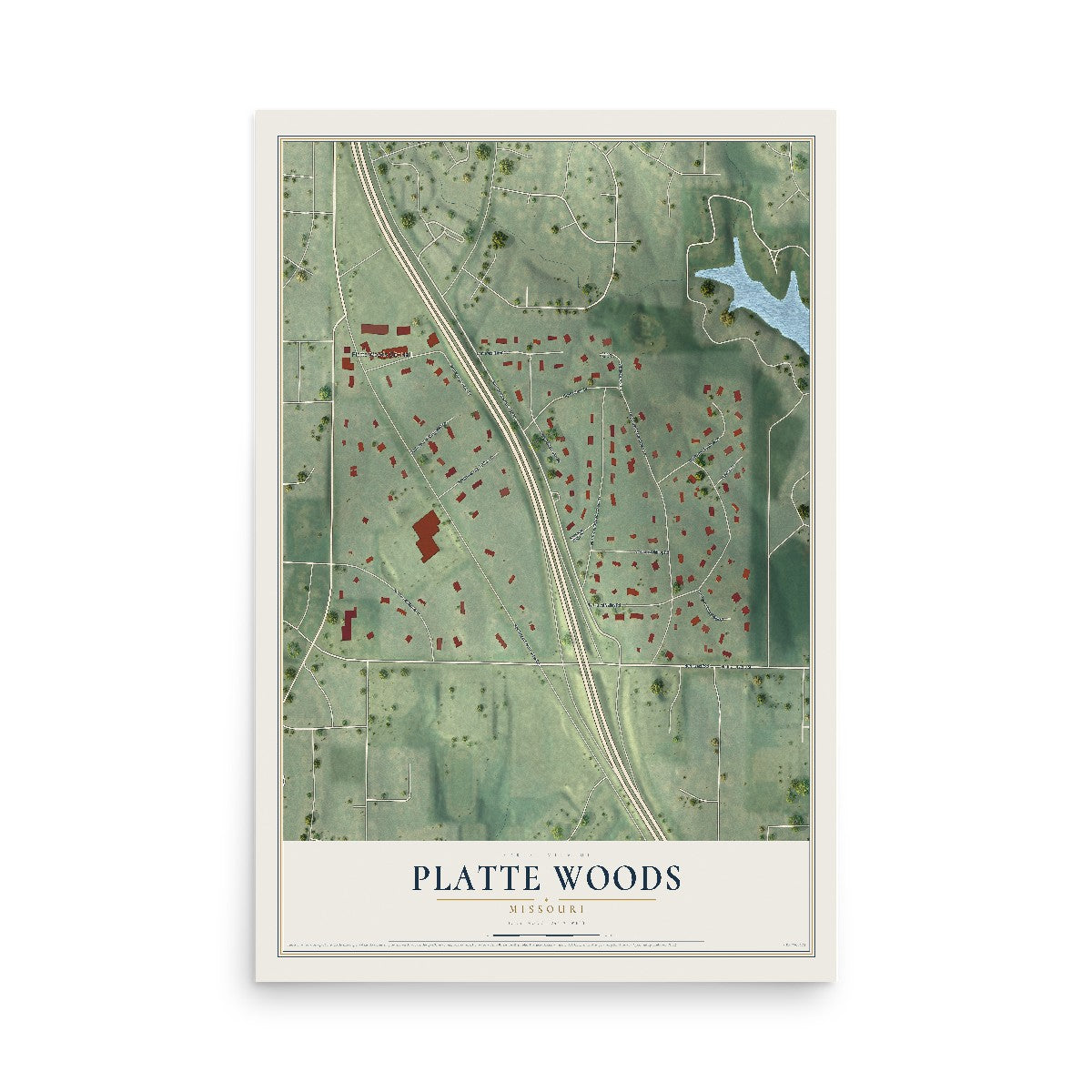 Map of Platte Woods, Missouri, 12 x 18 inch unframed archival matte print