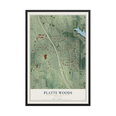Map of Platte Woods, Missouri, 12 x 18 inch print in a black wood frame