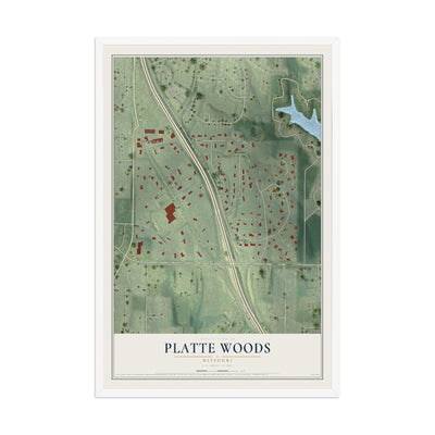 Map of Platte Woods, Missouri, 12 x 18 inch print in a white wood frame