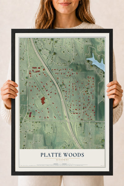 Map of Platte Woods, Missouri, 18 x 24 inch print in a black wood frame