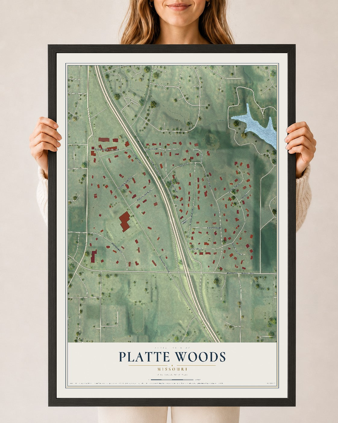 Map of Platte Woods, Missouri, 24 x 36 inch print in a black wood frame