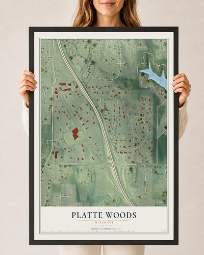 Map of Platte Woods, Missouri, 24 x 36 inch print in a black wood frame