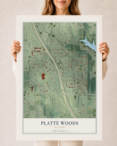 Map of Platte Woods, Missouri, 24 x 36 inch print in a white wood frame