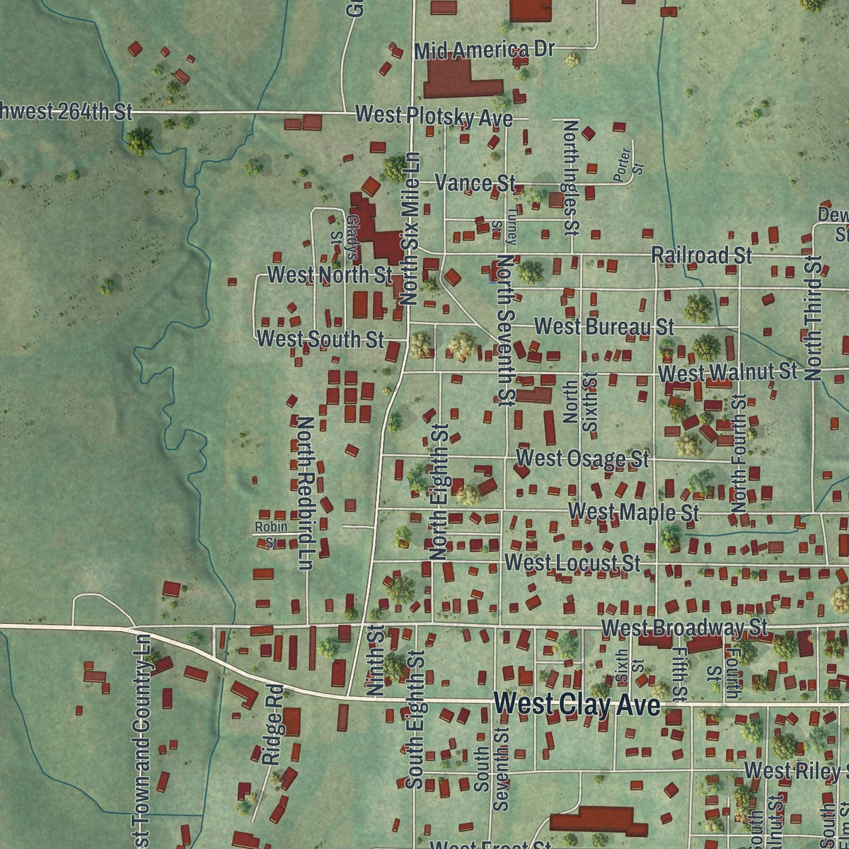 Close-up of the map of Plattsburg, Missouri print showing street and building detail