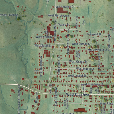 Close-up of the map of Plattsburg, Missouri print showing street and building detail