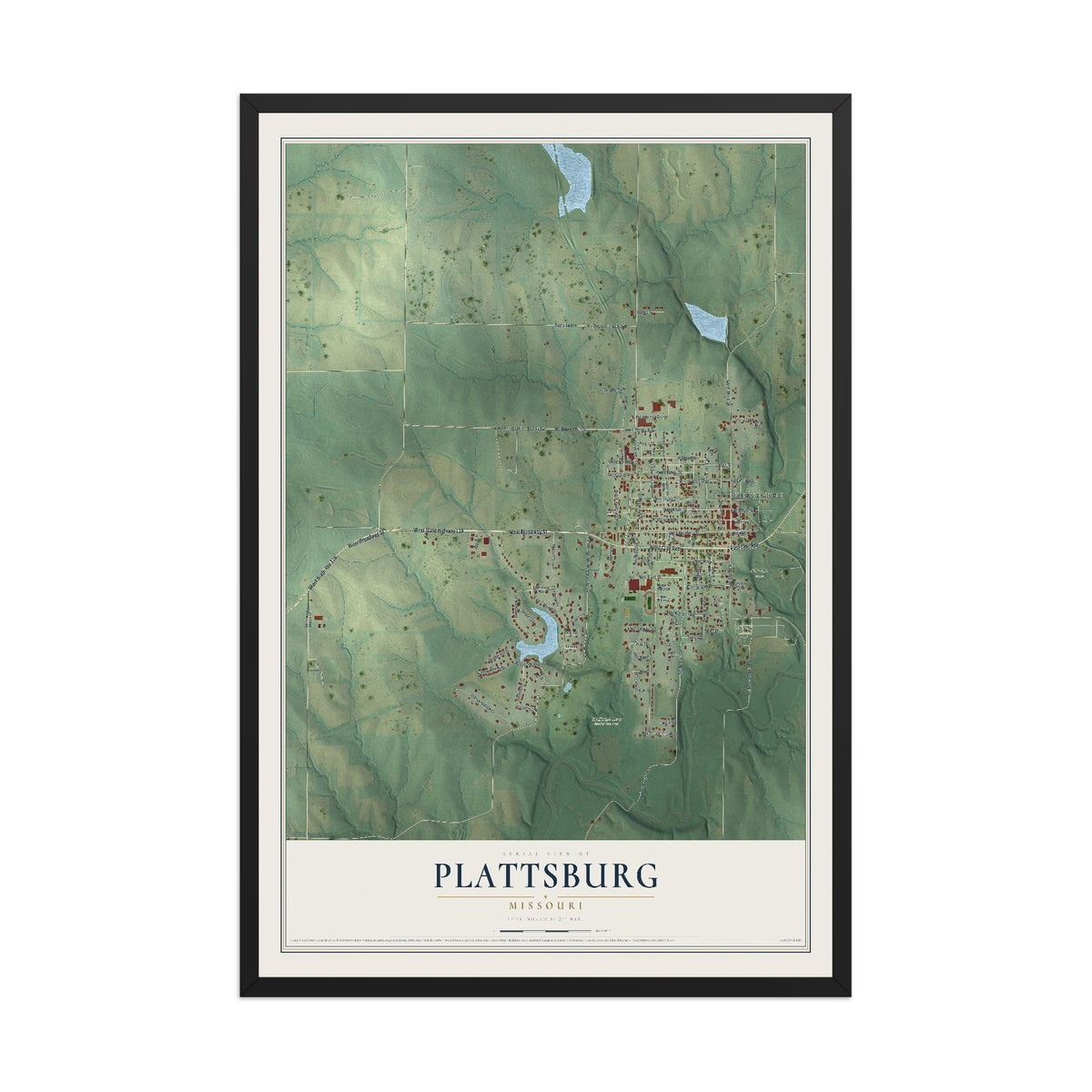 Map of Plattsburg, Missouri, 12 x 18 inch print in a black wood frame