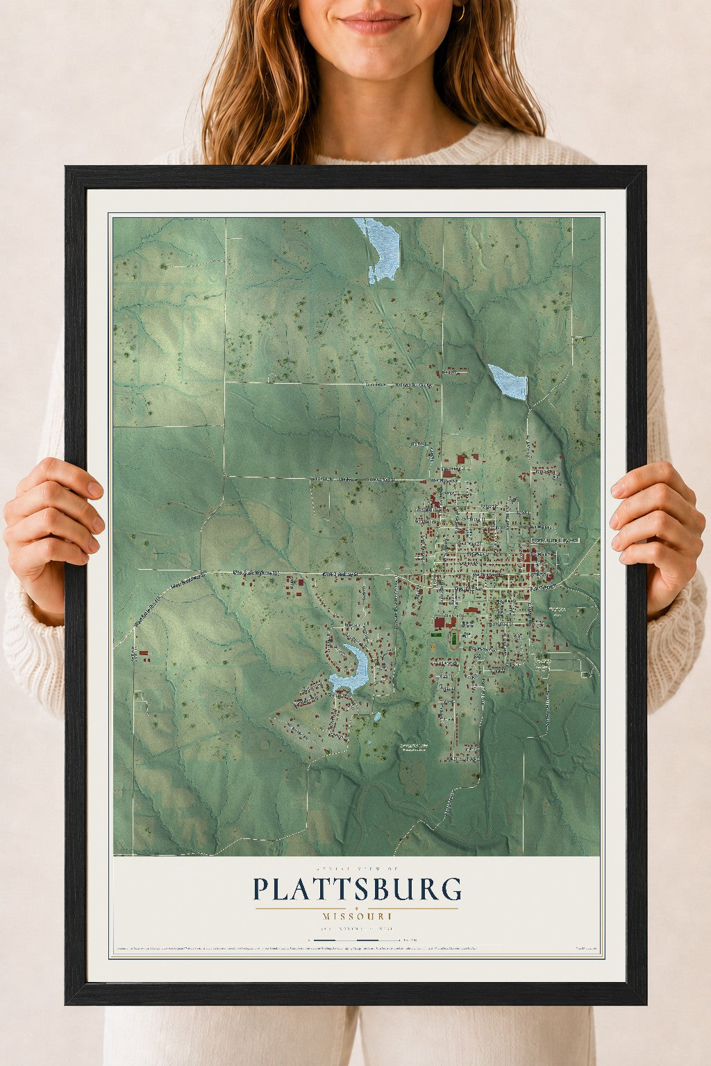Map of Plattsburg, Missouri, 18 x 24 inch print in a black wood frame