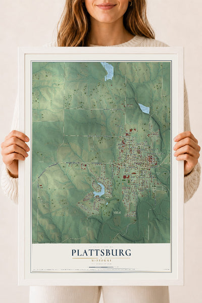 Map of Plattsburg, Missouri, 18 x 24 inch print in a white wood frame