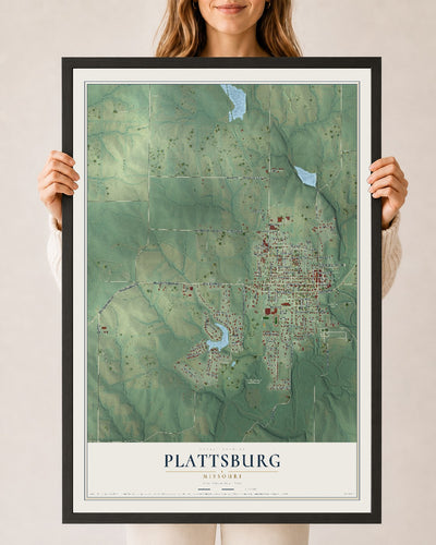 Map of Plattsburg, Missouri, 24 x 36 inch print in a black wood frame
