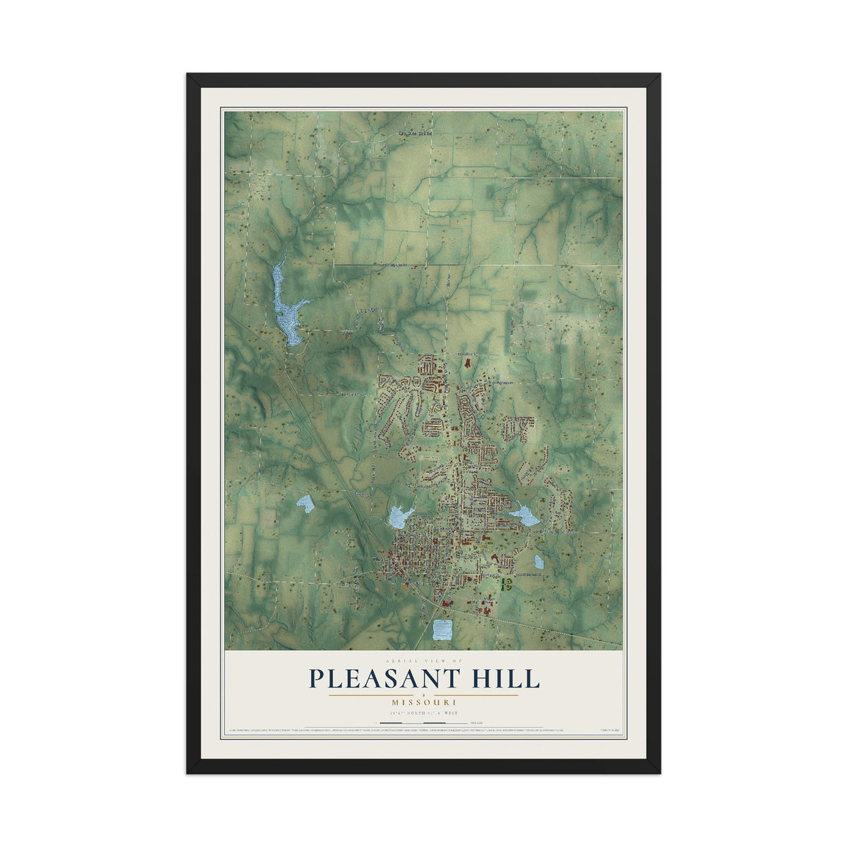 Map of Pleasant Hill, Missouri, 12 x 18 inch print in a black wood frame