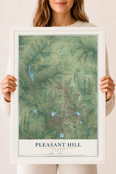 Map of Pleasant Hill, Missouri, 18 x 24 inch print in a white wood frame