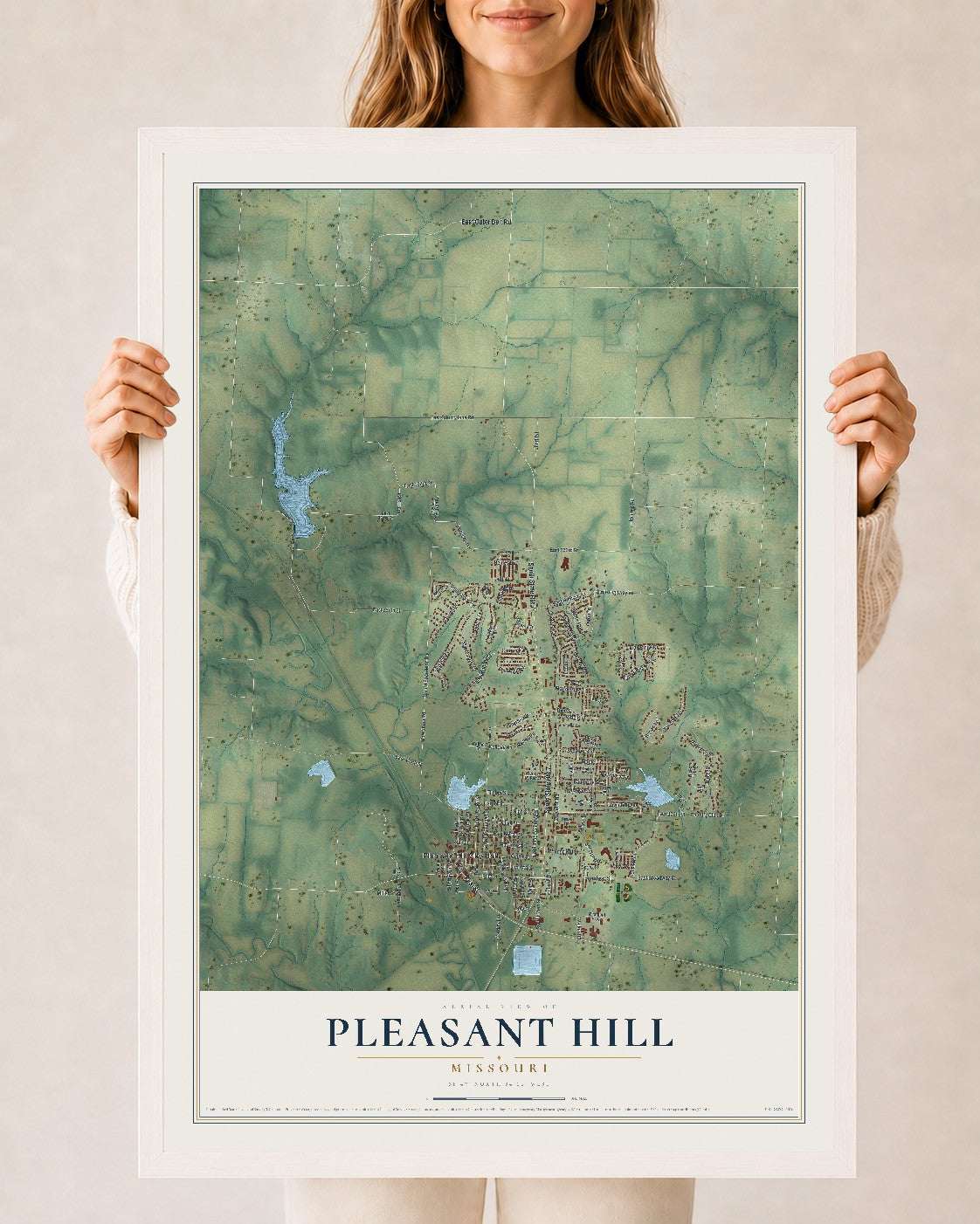 Map of Pleasant Hill, Missouri, 24 x 36 inch print in a white wood frame