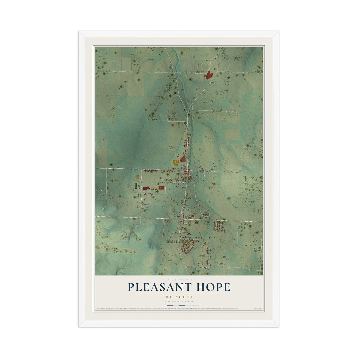 Map of Pleasant Hope, Missouri, 12 x 18 inch print in a white wood frame