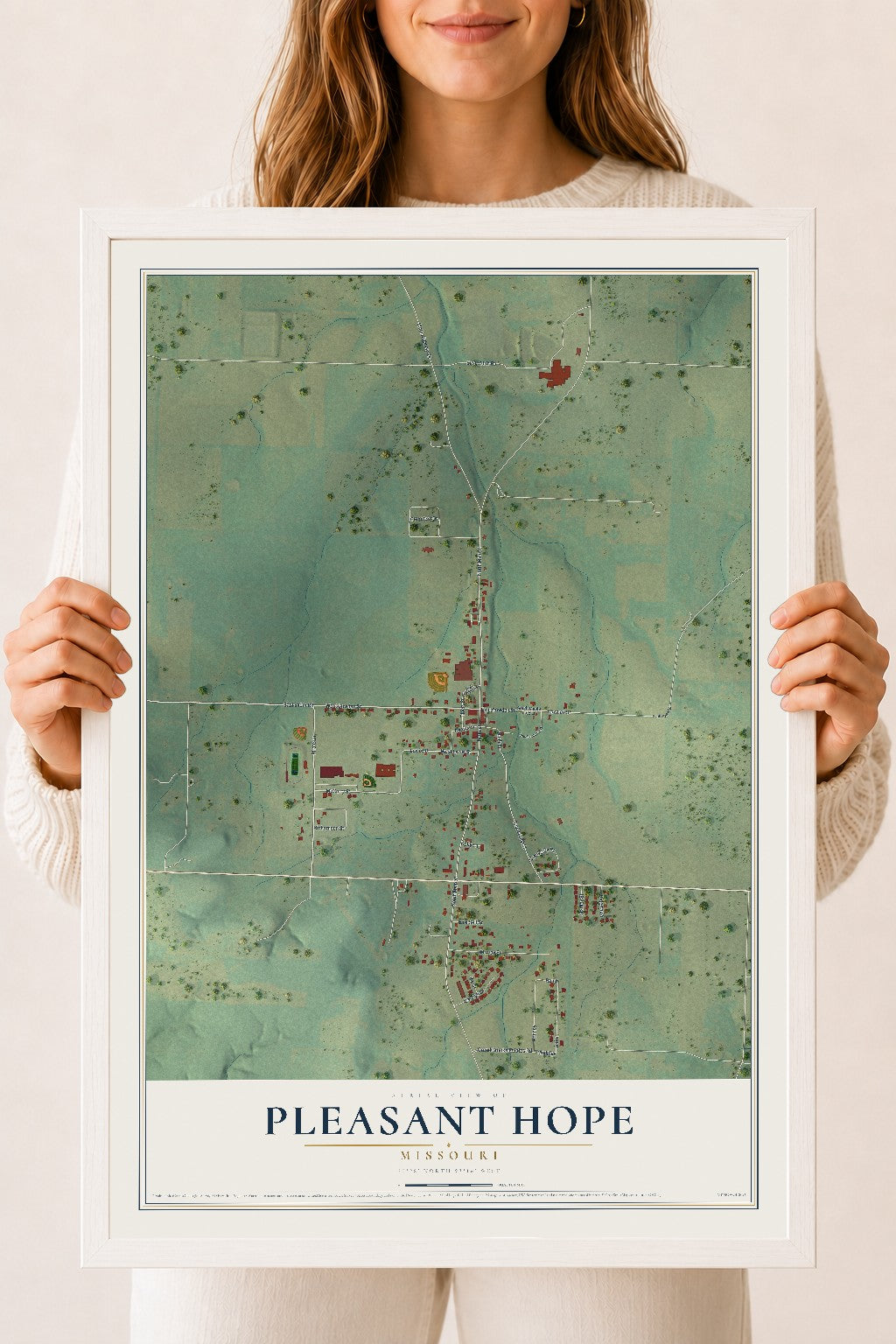 Map of Pleasant Hope, Missouri, 18 x 24 inch print in a white wood frame
