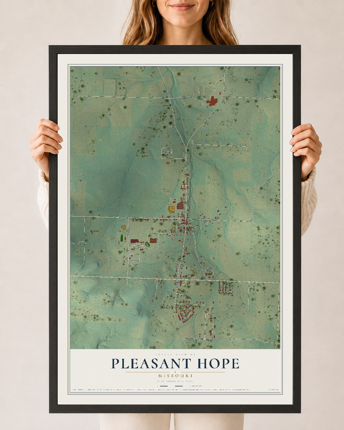 Map of Pleasant Hope, Missouri, 24 x 36 inch print in a black wood frame