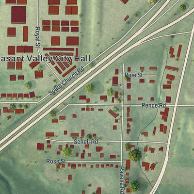 Close-up of the map of Pleasant Valley, Missouri print showing street and building detail