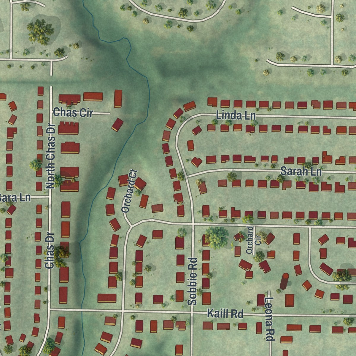 Second close-up of the map of Pleasant Valley, Missouri print showing more streets and buildings