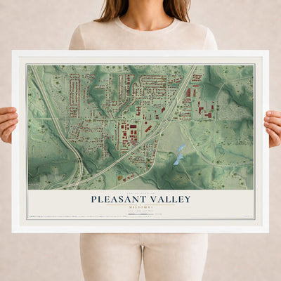 Map of Pleasant Valley, Missouri, 18 x 24 inch print in a white wood frame