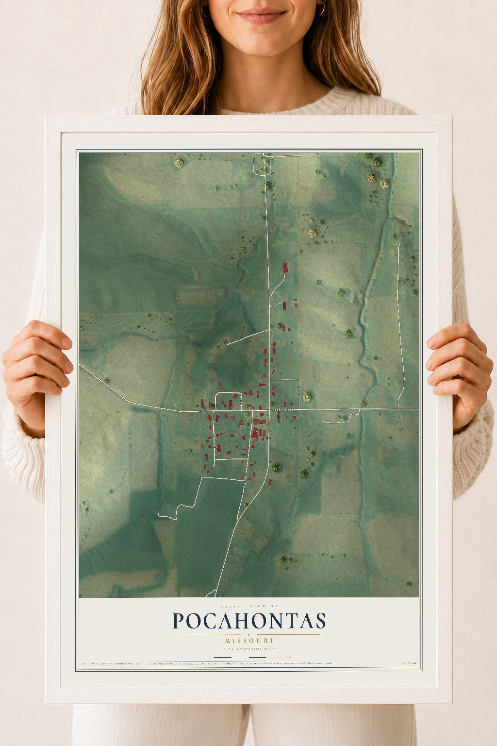 Map of Pocahontas, Missouri, 18 x 24 inch print in a white wood frame