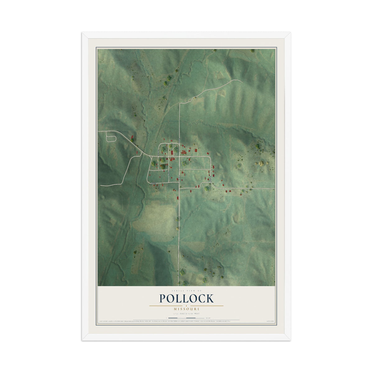 Map of Pollock, Missouri, 12 x 18 inch print in a white wood frame