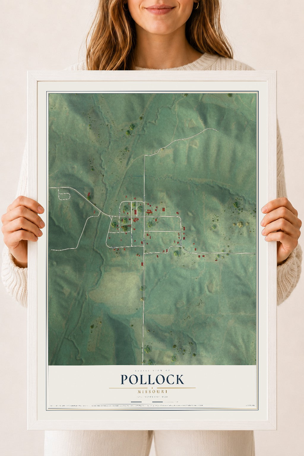 Map of Pollock, Missouri, 18 x 24 inch print in a white wood frame
