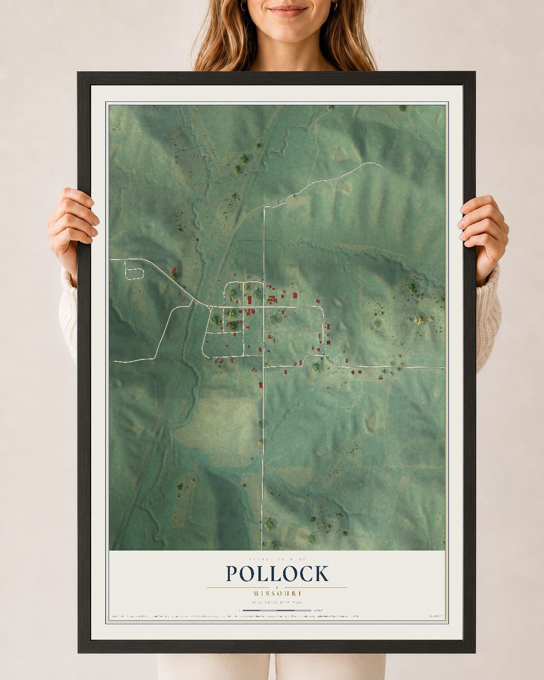 Map of Pollock, Missouri, 24 x 36 inch print in a black wood frame