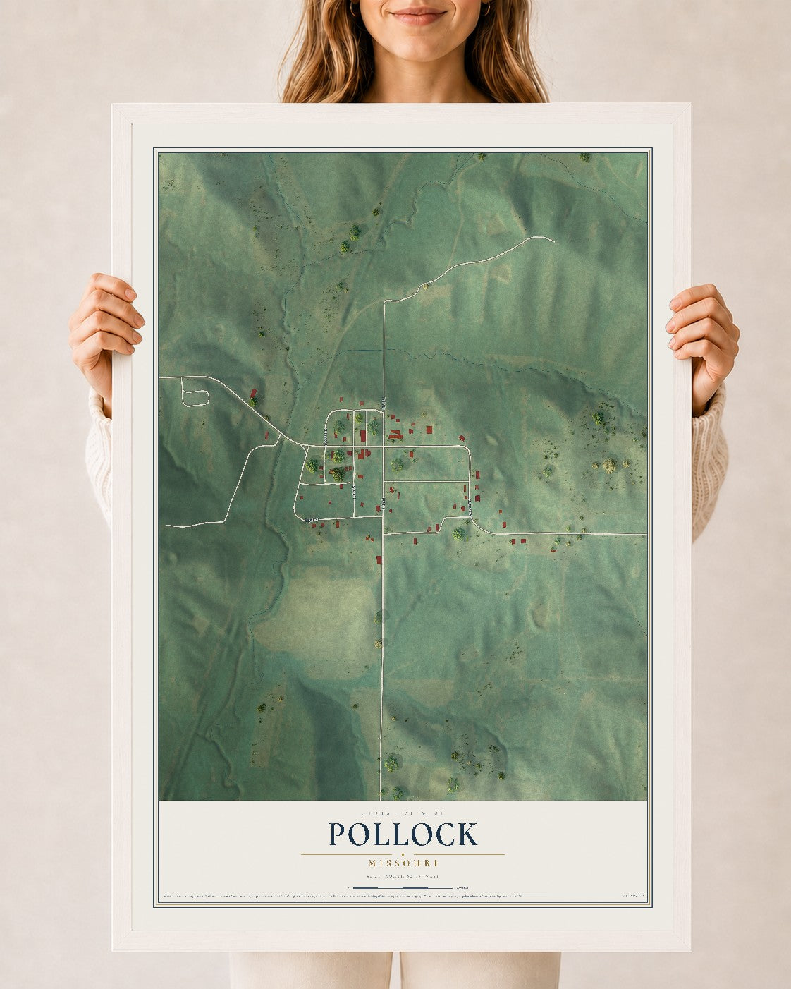 Map of Pollock, Missouri, 24 x 36 inch print in a white wood frame