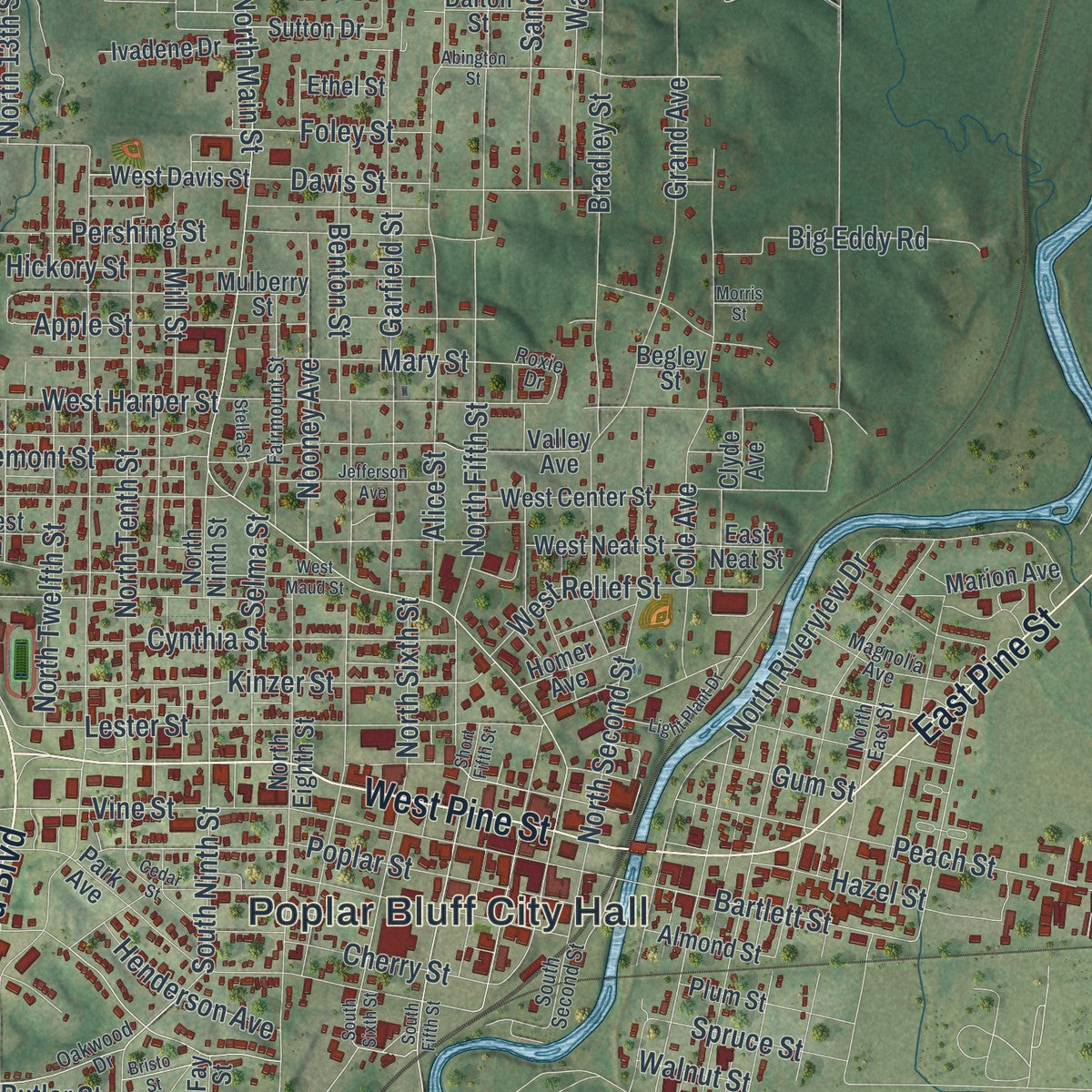 Close-up of the map of Poplar Bluff, Missouri print showing street and building detail