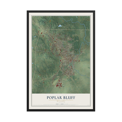 Map of Poplar Bluff, Missouri, 12 x 18 inch print in a black wood frame