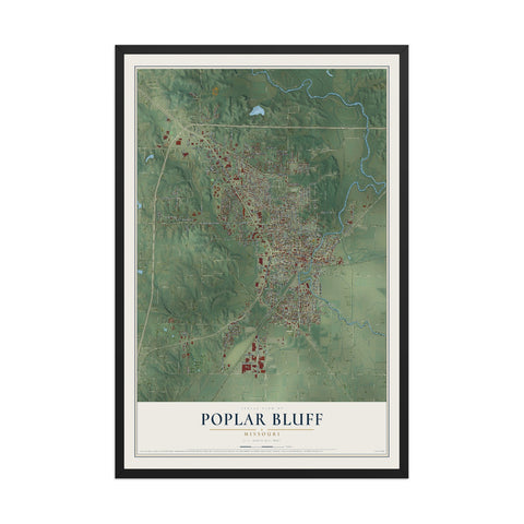 Map of Poplar Bluff, Missouri, 12 x 18 inch print in a black wood frame