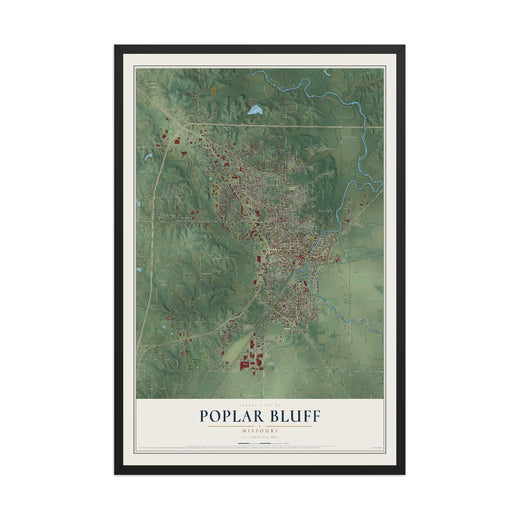 Map of Poplar Bluff, Missouri, 12 x 18 inch print in a black wood frame